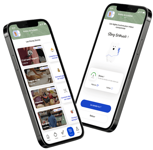 visuels de l'application money walkie pour présenter la fonctionnalité Money Stories
